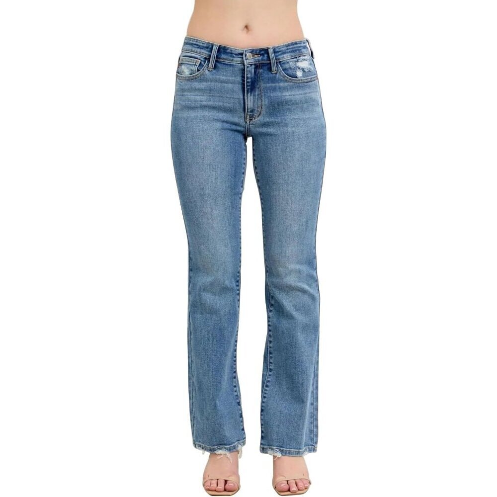 Women's Vintage Wash Destroyed Hem Bootcut Jeans Mid-Rise Comfortable Style